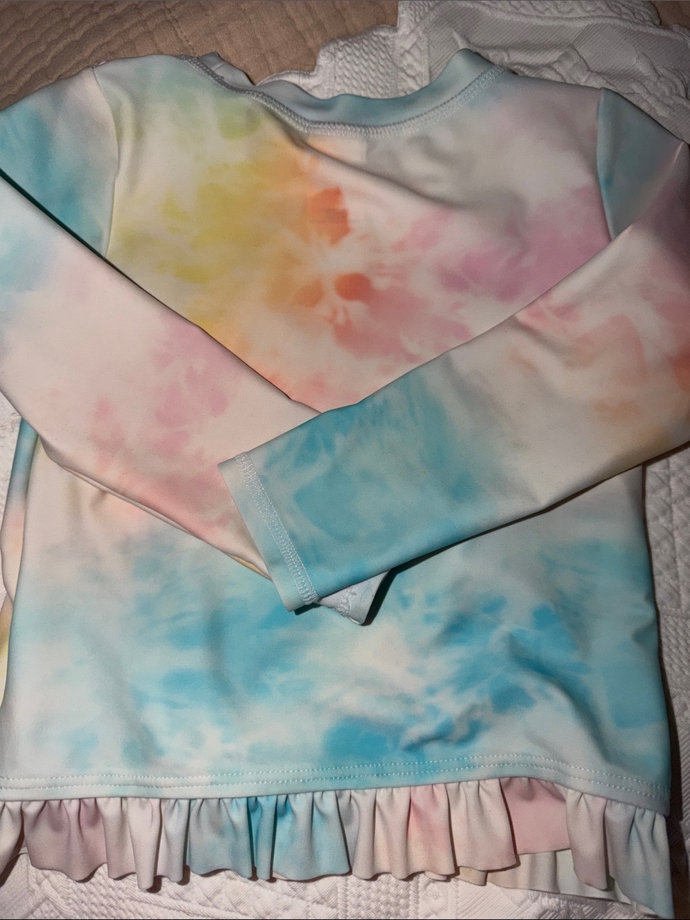 Ruffle Butts Pastel Tie-Dye Ruffle Rash Guard & Peach Bikini Bottoms - Picture 7 of 8